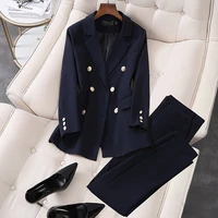 2021 new elegant office work wear pant suits ol 2 piece sets double breasted blazer jacket trousers suit for women set s 5xl