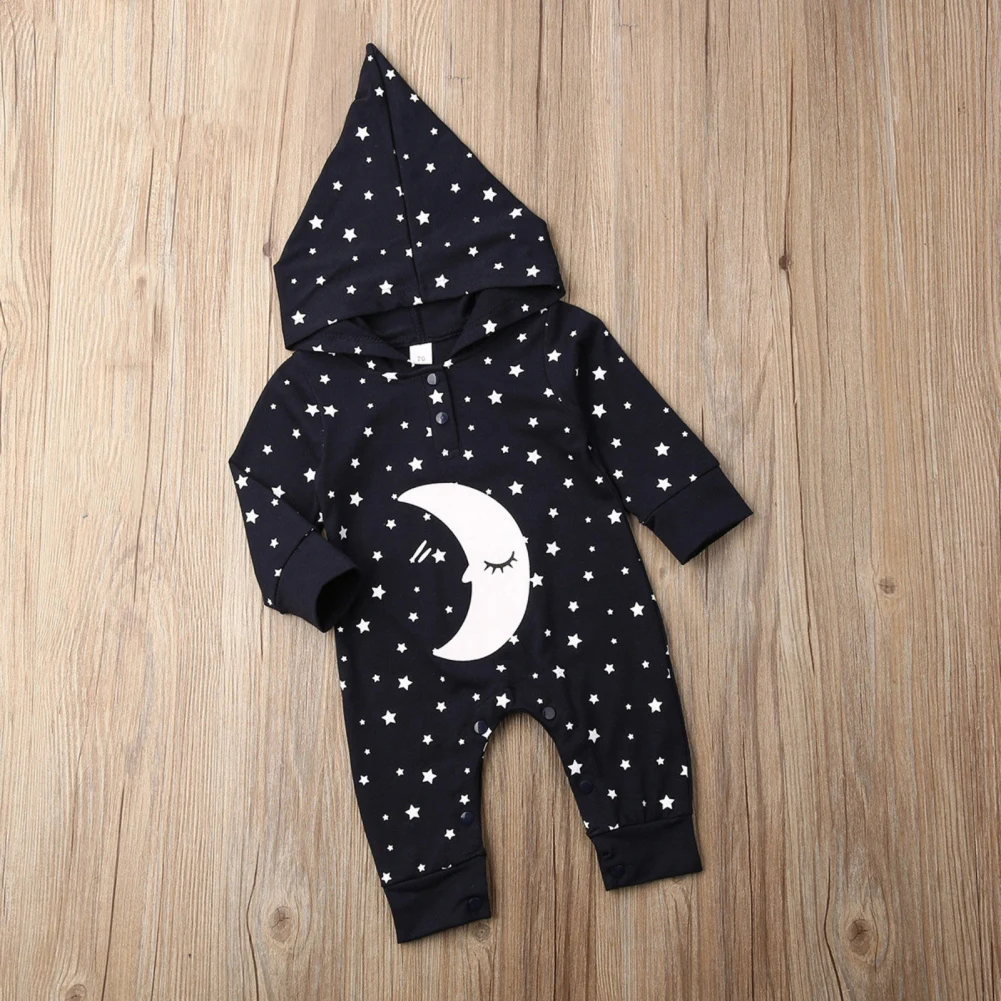 

Bobora Spring Cute Infant Cotton Outwear Toddler Hooded Long Sleeve Rompers 0-24M Newborn Baby Star And Moon Print Jumpsuit