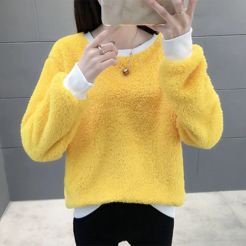 

Повседневные новые плюшевые пуловеры Lucyever для женщин, сезон осень-зима 2021, женские топы с длинным рукавом, однотонные Свободные Теплые свитшоты для женщин