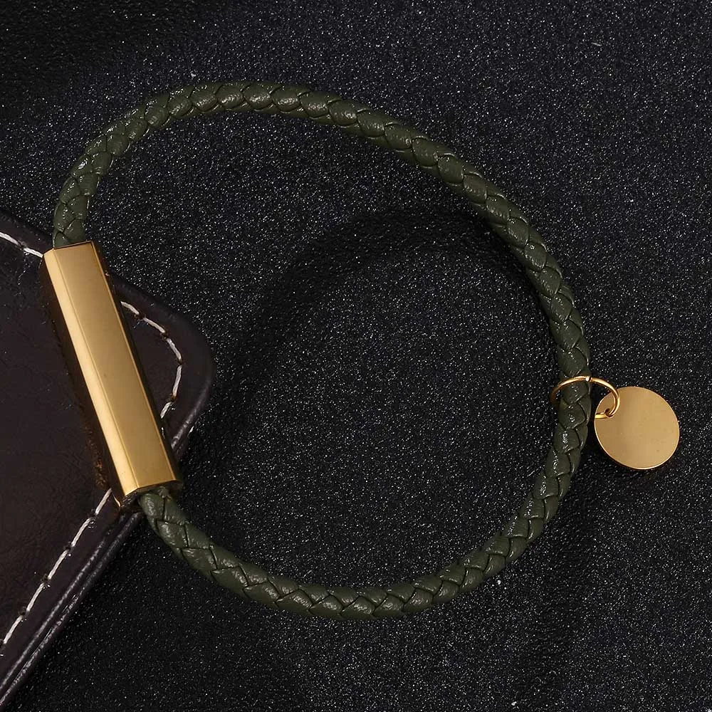 

Trendy Leather Bracelet Men Stainless Steel Magnetic Clasp Handmade Men Bracelets Bangles Green Braided Leather Bracelet BB0712