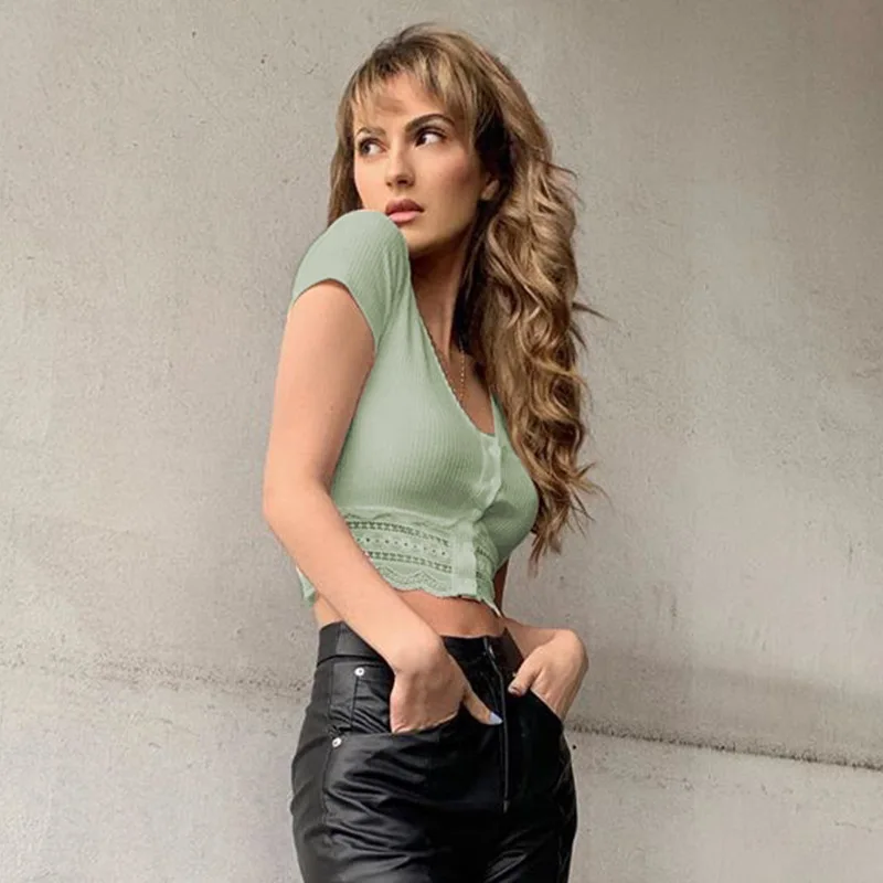 Летняя Сексуальная облегающая футболка с круглым вырезом кардиган кружевным