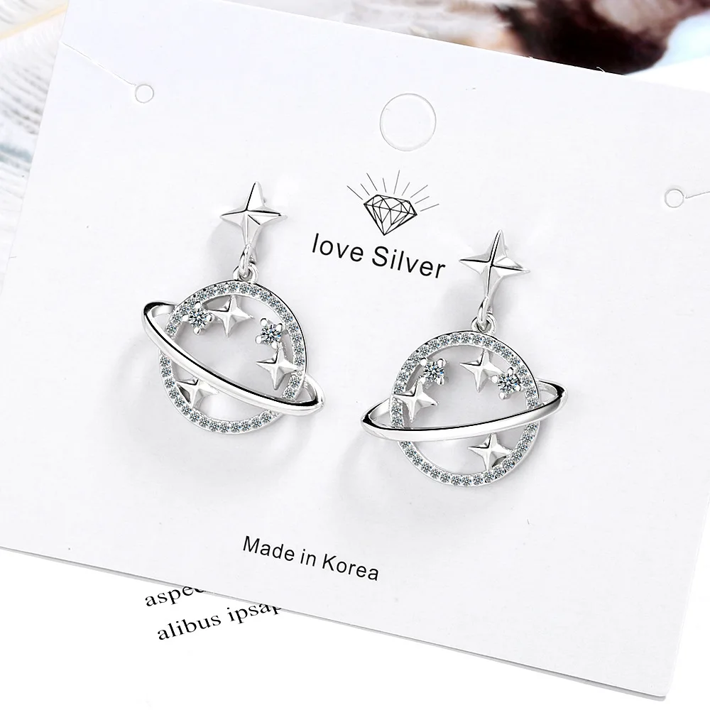

100% 925 Sterling Silver Piercing Crystal Planet Star Stud Earrings for Women 2020 Wedding Party Gift Femme Jewelry pendientes
