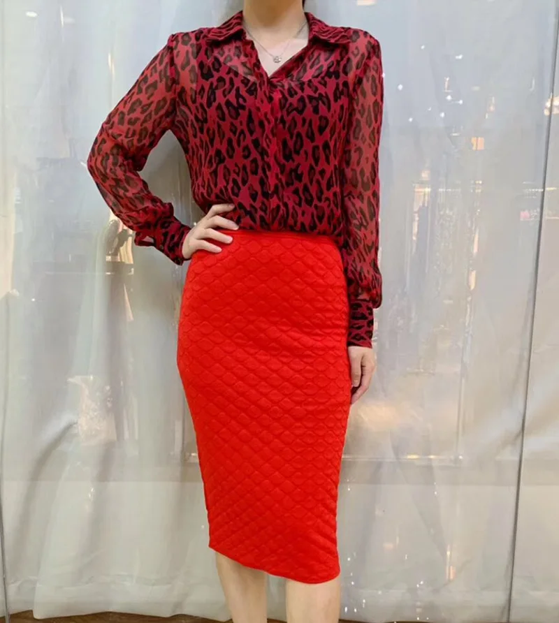 Женская блузка с длинным рукавом красная Повседневная шелковая леопардовым