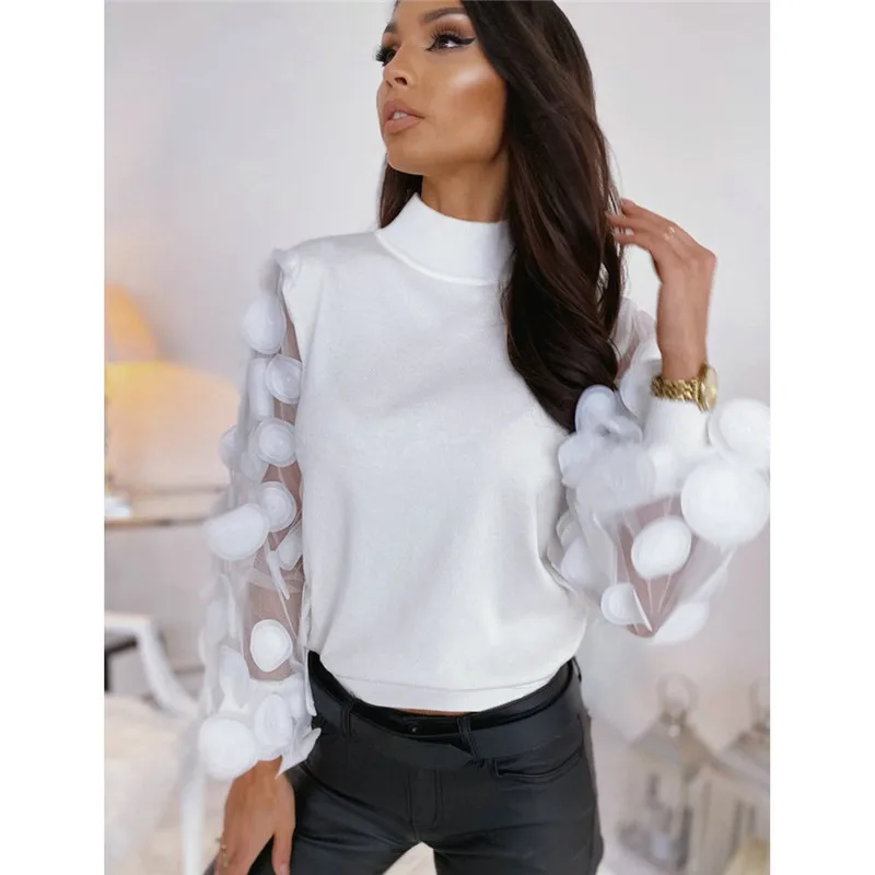 Женская кружевная блузка в горошек однотонная прозрачная водолазка с пышными