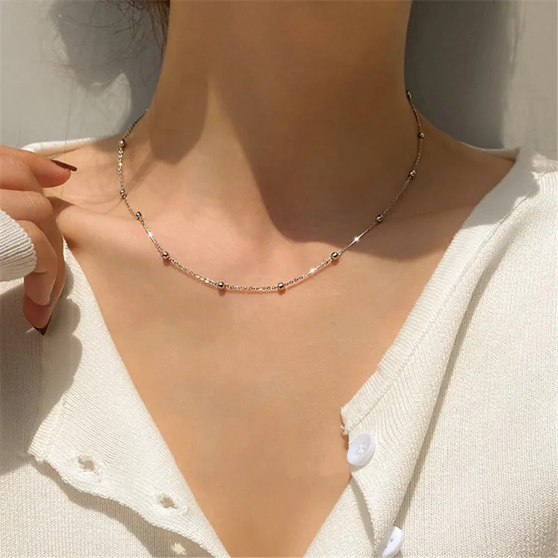 

925 стерлингового серебра круглые бусинки Очаровательные Подвески Ожерелья для женщин и девочек заявление ювелирные изделия dz637