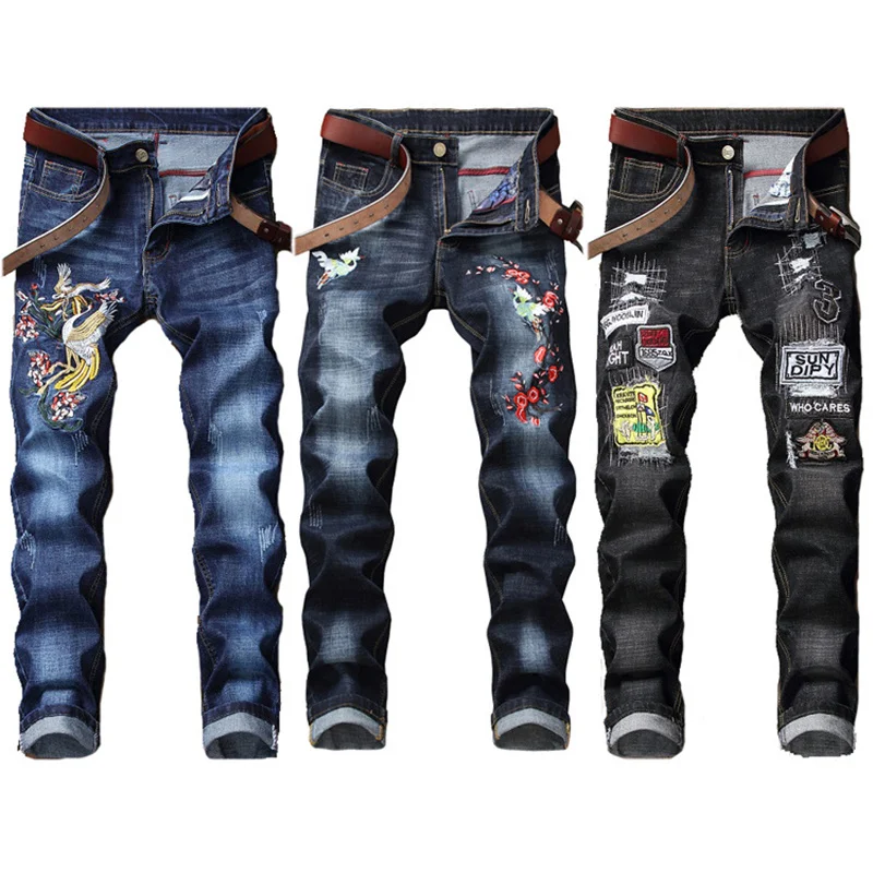 2019 осень зима мужские облегающие джинсы Лоскутные рваные стрейч с вышивкой