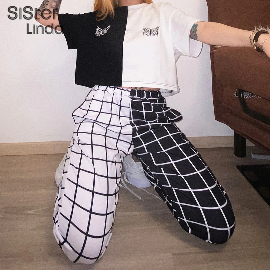 

Sisterlinda Contrast Cargo Pant For Women Loose Hight Waist Plaid Jogging TrousersSporty Pants Elasticity Sportpants 2020Summer
