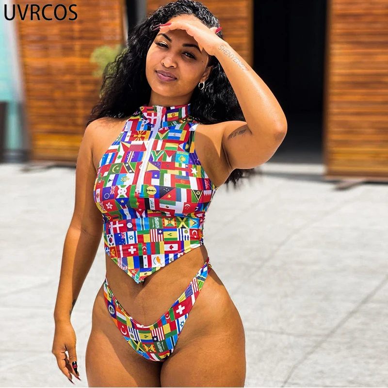 

UVRCOS Shorts Sets Vacation Beach Style National Emblem Printed Stand Collar Zipper Sleeveless Vest+Biniki Shorts Two Piece Sets