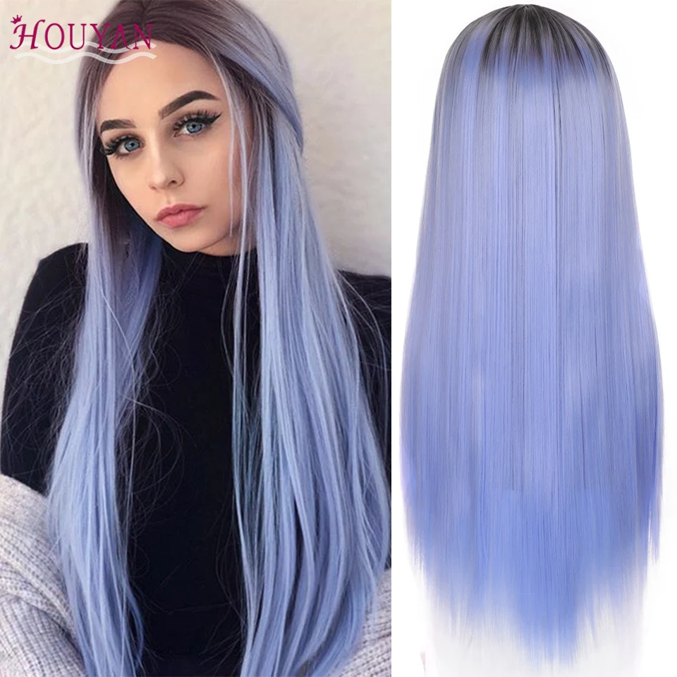 

HOUYAN Blue and Black Wig Long Straight Hair Cosplay Wig Two Color Ombre Color Women's Synthetic Wig