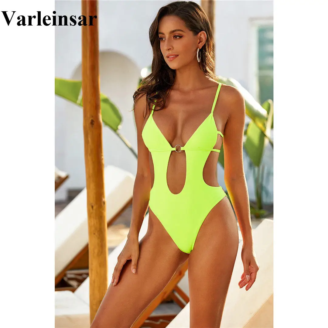 Купальник женский неоновый зеленый с треугольным вырезом монокини V1904