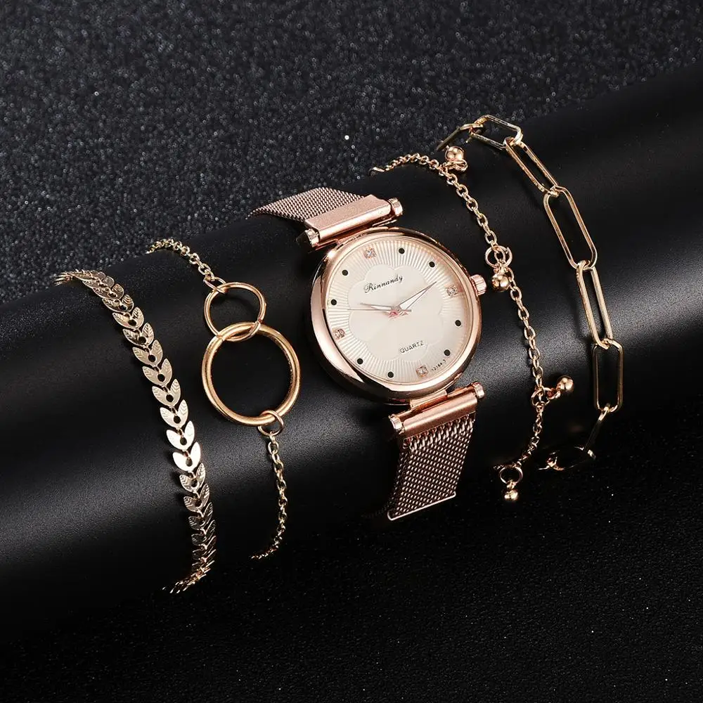 

Luxus 5 stucke Set Uhren Fur Frauen Armband Rose Gold Magnet Schnalle Blume Uhr Frauen Damen Uhr Armband Set relogio feminino