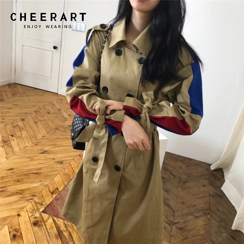 Женский Тренч с цветными блоками CHEERART карманами и поясом верблюда осеннее пальто