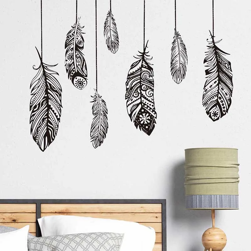 

Bohemian style Black Feather Wall Stickers for Bedroom Living room Wall Decor Art Wall Decals for Room Decor Murals Home Decor