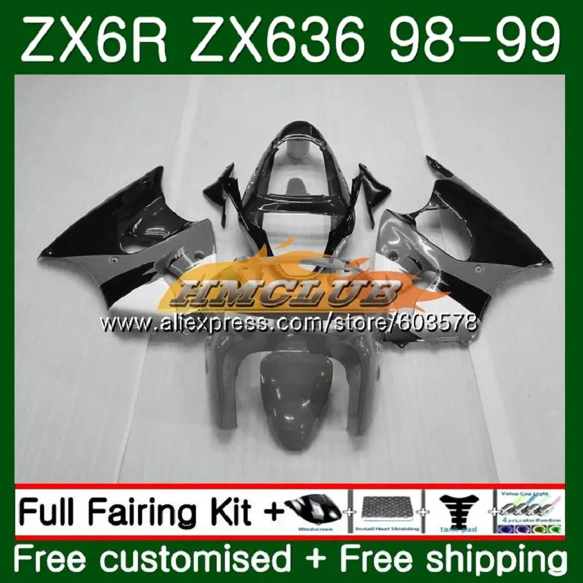 

Корпус для KAWASAKI ZX-6R ZX600 ZX600CC 98 99 105CL.91 600CC ZX636 ZX6R 98 99 ZX 636 ZX 6R 1998 1999 Обтекатели серый черный