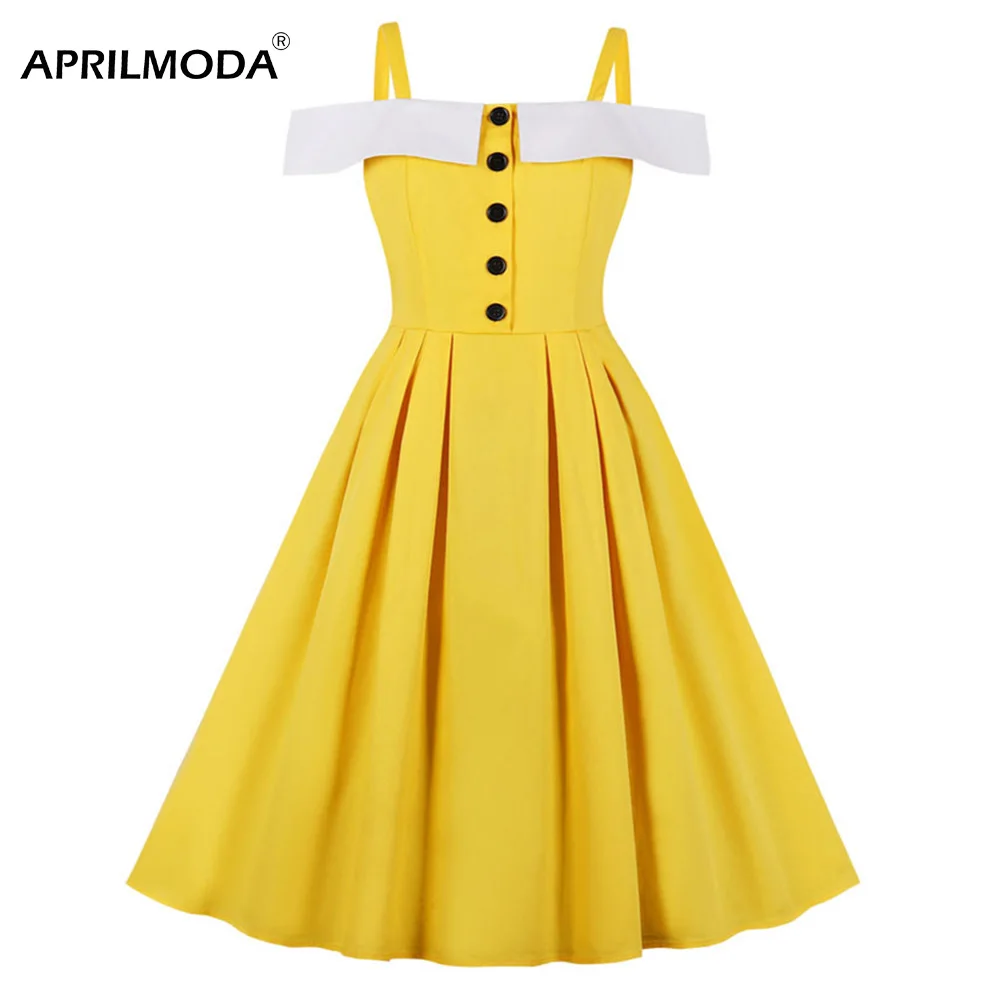 Ретро Винтаж Спагетти ремень 50s рокабилли платье Желтый шикарный стиль лето