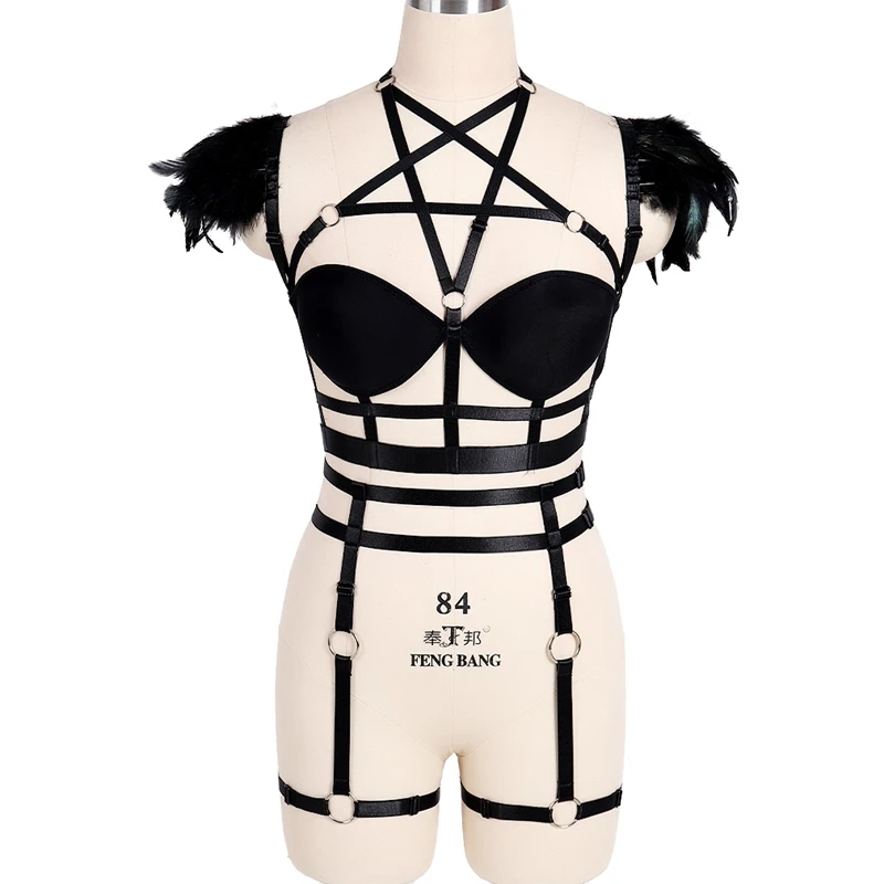 

Gothic 2pcs Set Feather Body Bondage Chest Belt Bra Women Sexy Garter Strap Harness Lingerie Thigh Stocking Suspenders Fetish