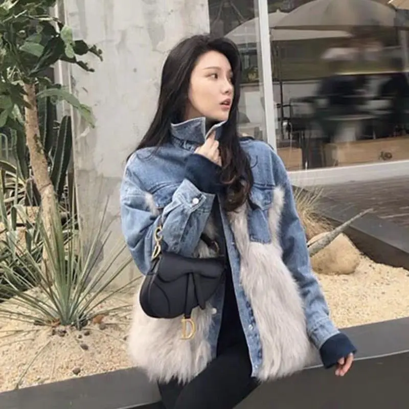 

New Winter autumn Fur Jeans Coat Cotton Girl Women Solid Casual Street Jackets Outerwear Clothing