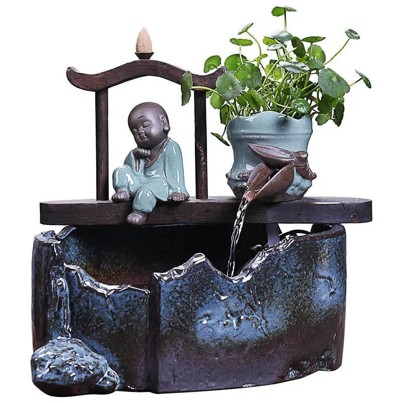 Water Fountain Ornaments Ceramic Atomizing Humidifier Waterfalls Illuminated Zen Monk Waterfall Home Office Decor | Дом и сад