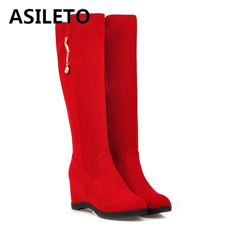 

ASILETO Knee High Boots Round Toe Wedge Heel Flock Zipper Charming Hidden Heel Shoes Size 44 Black Winter Casual Boots F1297