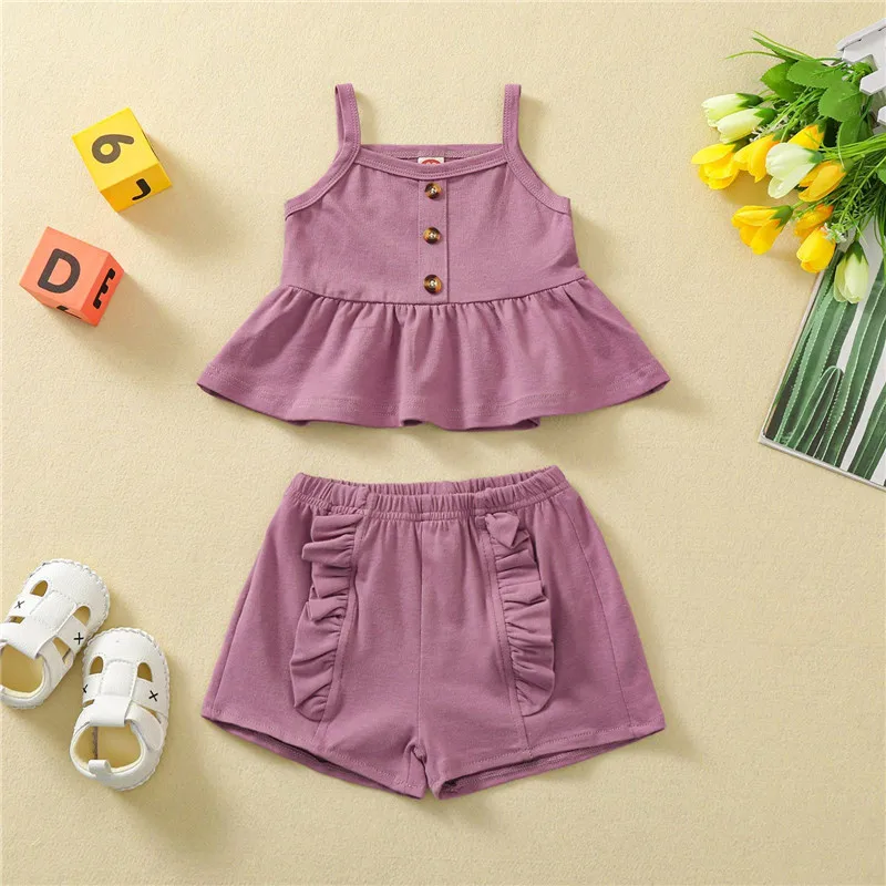 

Toddler Baby Pure Color Clothing Two-pieces Outfits Infant Kids Girls Round Collar Sleeveless Sling Tops Vest+Elastic Shorts Set