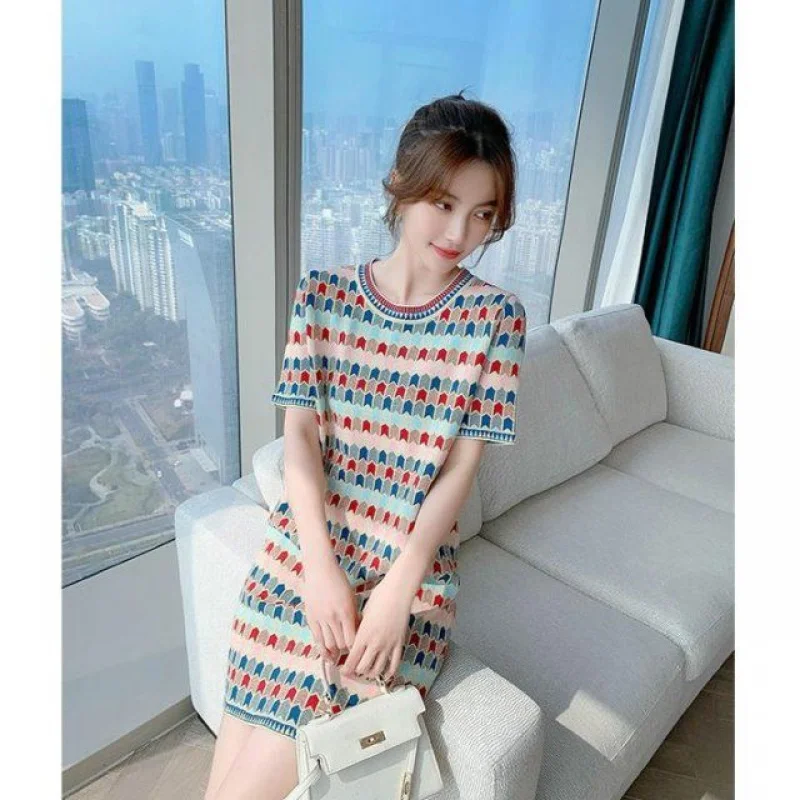 

2021 New Vintage Runway Luxury Women's Summer Dress Fashion Casual Sweet Stripe Elegant Knitted Sweater Dress Party Vestidos