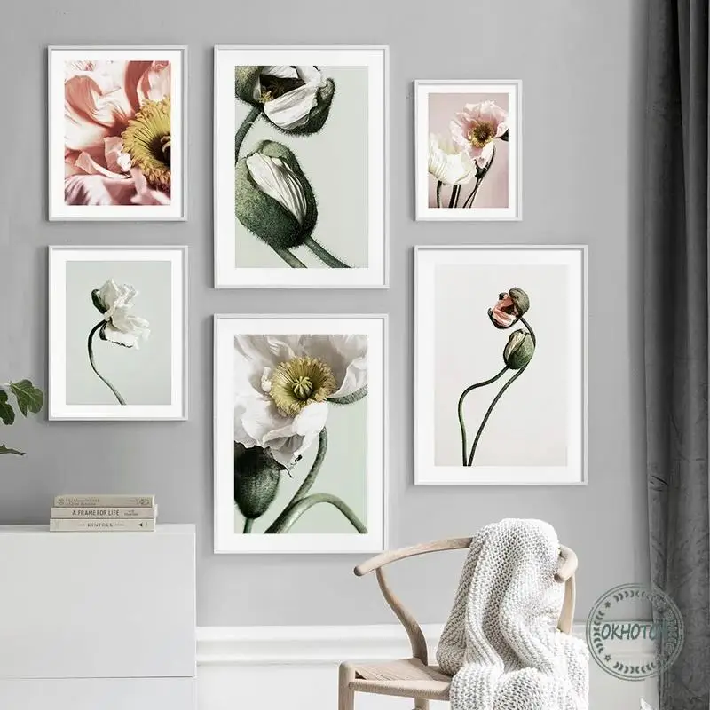 Картина на холсте с изображением макового цветка и растений скандинавский