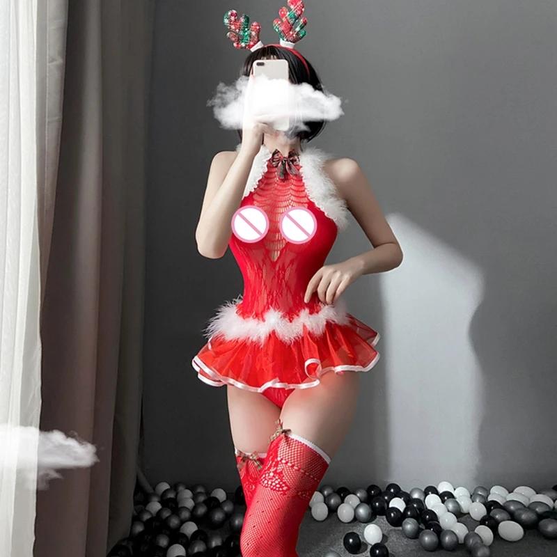 

Women Sexy Christmas Lingerie Set Elk Headband Mesh Bodysuit Cosplay Nightwear 6XDA
