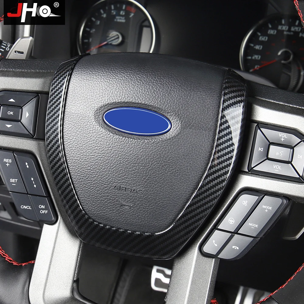 JHO ABS Carbon Grain Steering Wheel Horn Decor Cover Trim For Ford F150 RAPTOR 2017-2019 2018 XLT XL Lariat Interior Accessories