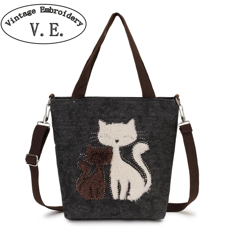 Винтажная женская сумка Повседневная джинсовая красивый милый Кот Аппликации