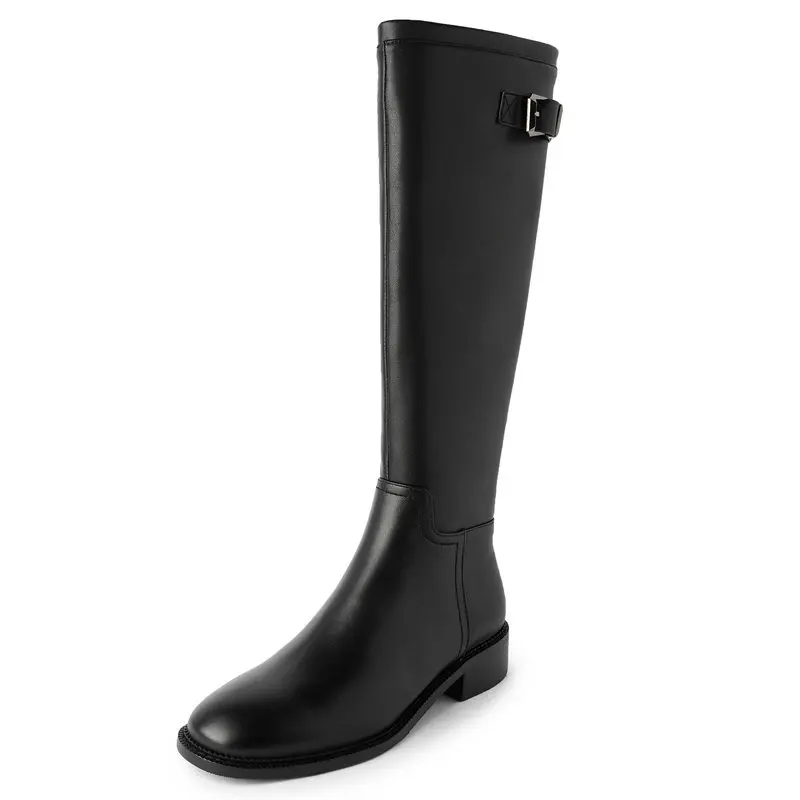 

Женские сапоги до колена, из натуральной кожи, с металлическим украшением