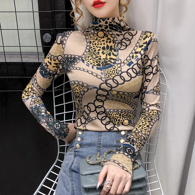 

2020 Women Bottoming Shirt Tees Turtleneck T-Shirt Print Women Tops Printing Bright Silk Short Sleeved Elegant Fashion Top