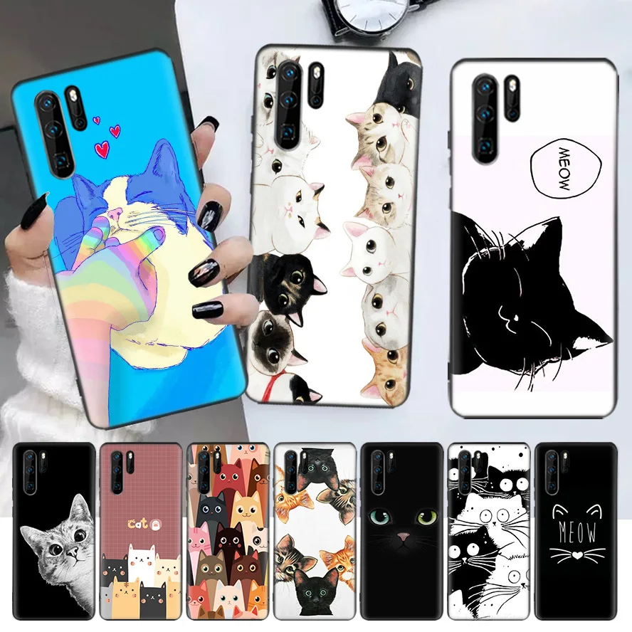 

Cat Cute Kitten Cartoon Black Phone Case For Huawei P30 Lite P20 Pro P40 P10 Mate 20 40 30 10 P Smart Z Plus Pattern Cover Bag