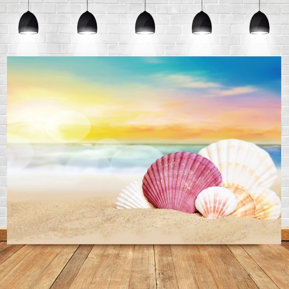 Summer Photo Backdrop Tropical Fantasy Beach Sunrise Sunshine Light Bokeh Lights Shell Scenic Photography Background Photocall