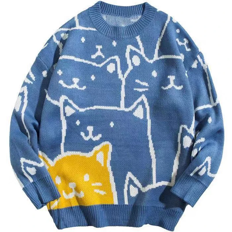 

FAKUNTN Harajuku Vintage Sweater Men 2021 Autumn Winter New Cartoon Loose Knitted Sweater Hip Hop Streetwear Knitwear Pullovers
