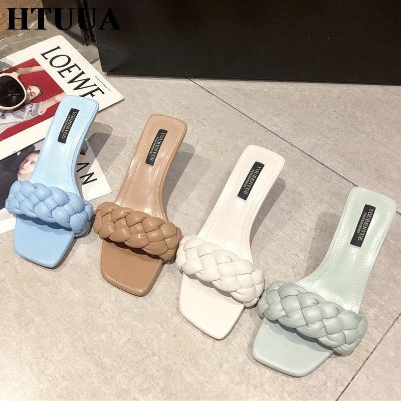 HTUUA 2020 дизайн ткань женские тапочки тонкий высокий каблук Босоножки с открытым