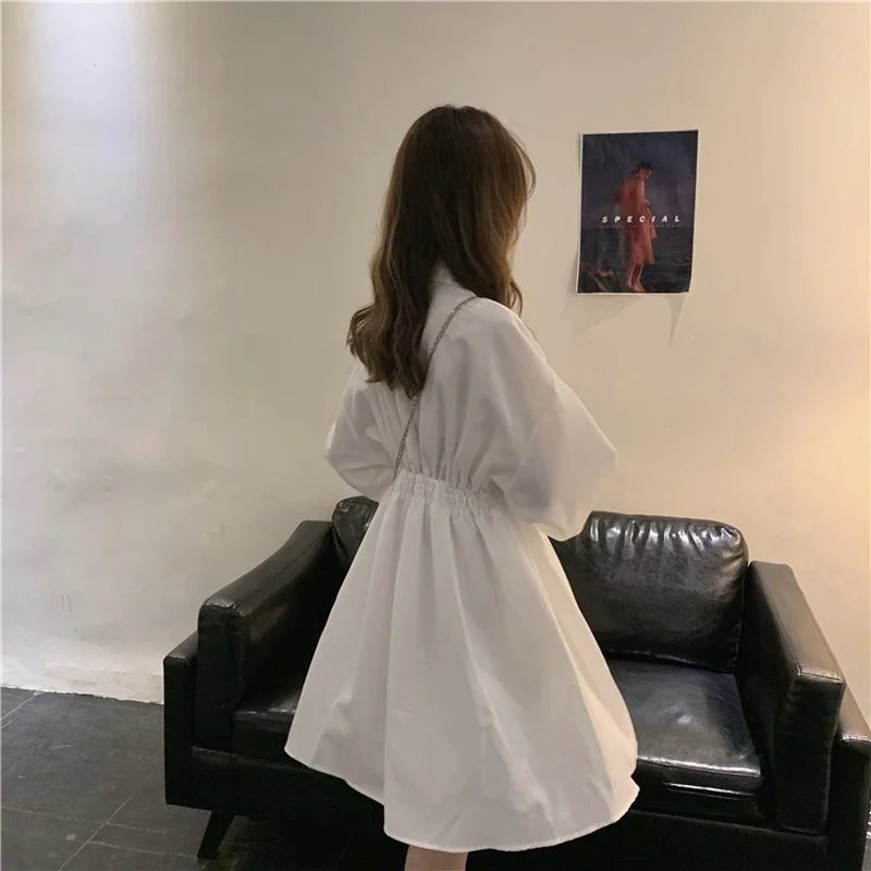 

New Women Summer Dresses Casual Single Breasted Puff Sleeve High Waist Vintage Fashionable Lace Up Long Dress