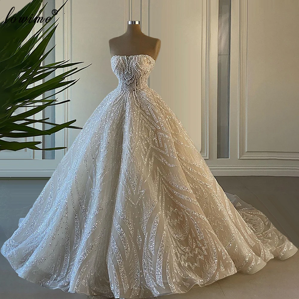 

Luxury Handmade Sewing Wedding Dresses A-Line Strapless Pearls Wedding Gowns Princess Chapel Brides Dresses Vestidos De Novia