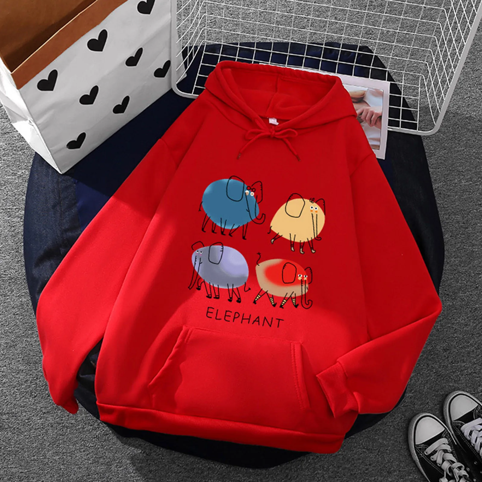 

Abstract Simple Elephant Hoodies Red Casual Women Sweatshirt Drawstring Pocket Female Clothes Harajuku Korea Hoodie Sudaderas