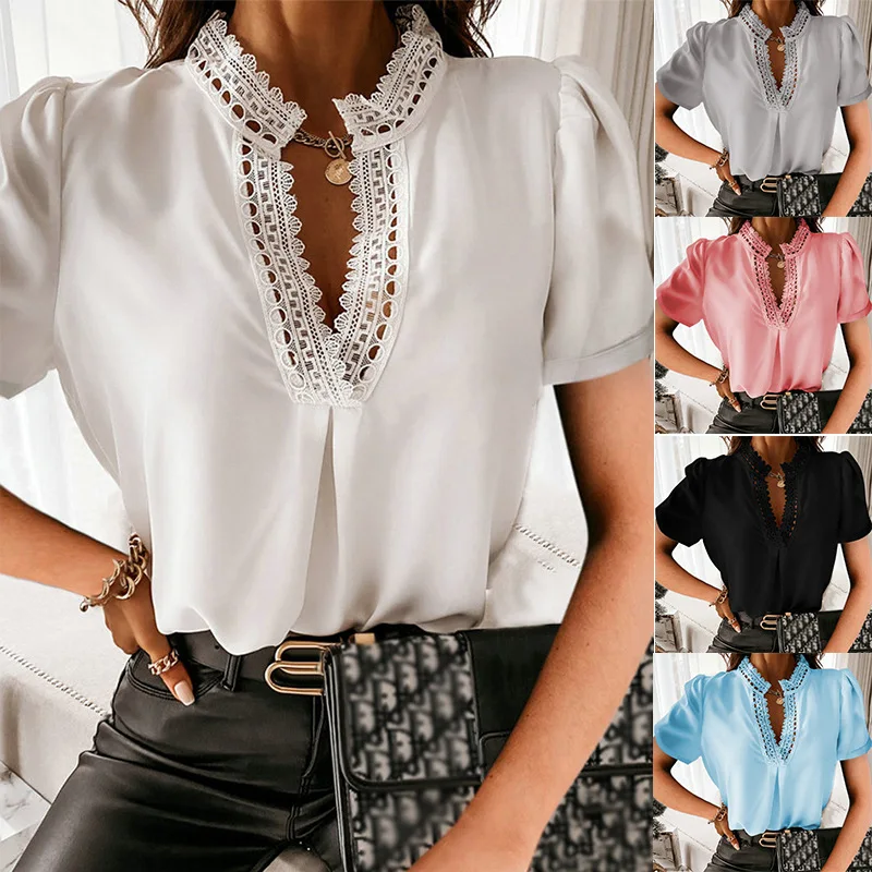 

Summer Women Blouses White Lace Stitching Short-sleeved Shirt 2021 Casual Top Femme Clothing Beautiful Blouses And Shirts