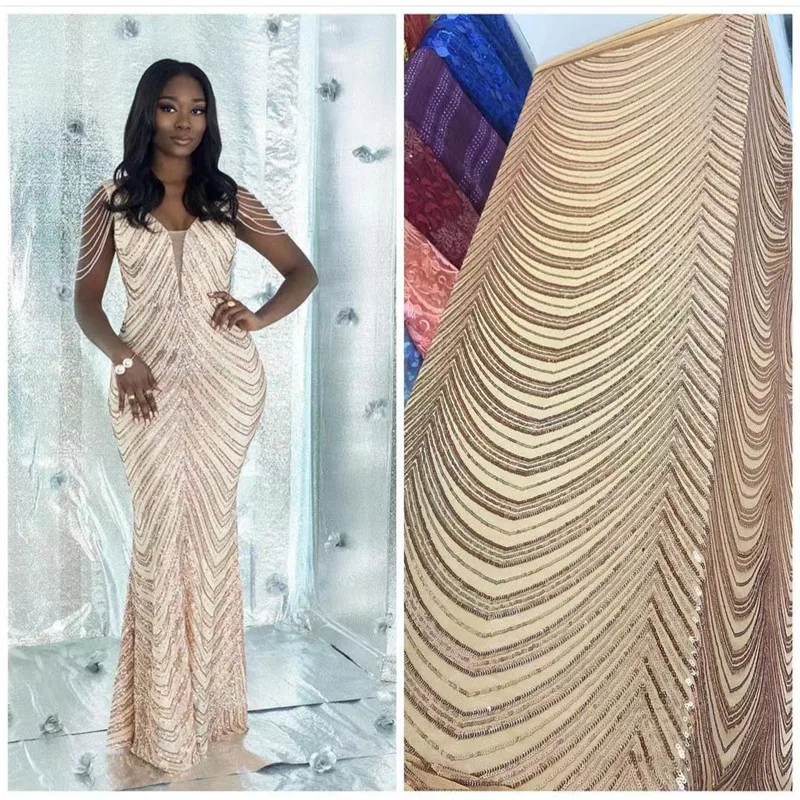 

Champagne Sequence Embroidery African French Net Lace Fabric 2021 High Quality Nigerian Mesh Tulle Sequin Lace Fabric For Party