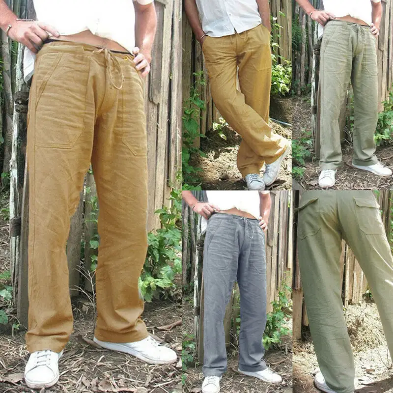 

Fashion New Men's Casual Summer Drawstring Lightweight Pants Solid Cotton And Linen Loose Long Trousers