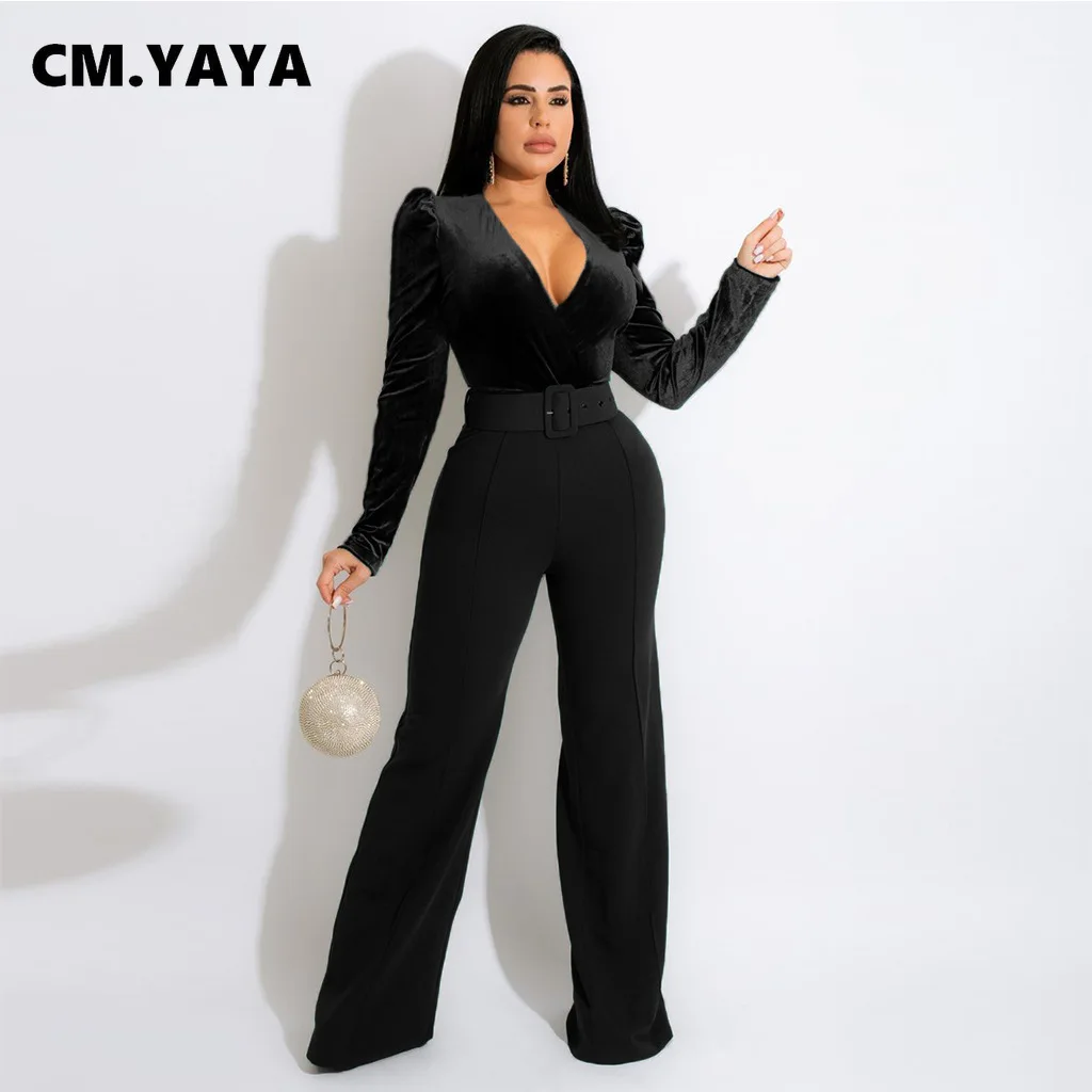 

Женский бархатный комбинезон CM.YAYA в стиле пэчворк с поясом и глубоким V-образным вырезом, офисный женский сексуальный слитный костюм для веч...