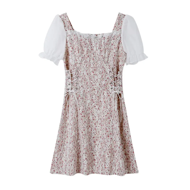 

Apricot New Puff Sleeve Tea Break A-line Skirt French Fairy Floral Flower Dress Children's Summer Design Niche Square Neck