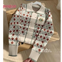 plaid women loose knitted cardigan vintage casual sweater coat turn down collar female chic crochet outerwear autumn winter