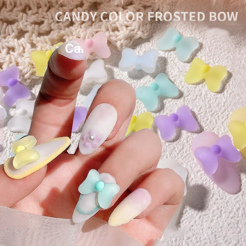 

50Pcs 7X11mm Matte Jelly Bow Nail Art Decorations Colorful Macarone Nails Charms Mixed Size 6Colors Nail Art Bowknot Rhineston