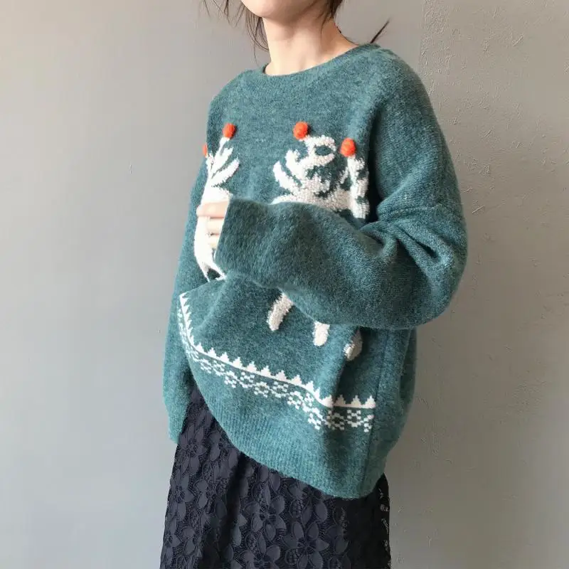 Johnature Thick Sweater Pullovers Women Clothes 2020 New Spring O-neck Print Leisure Animal Deer Casual Concise Sweaters | Женская