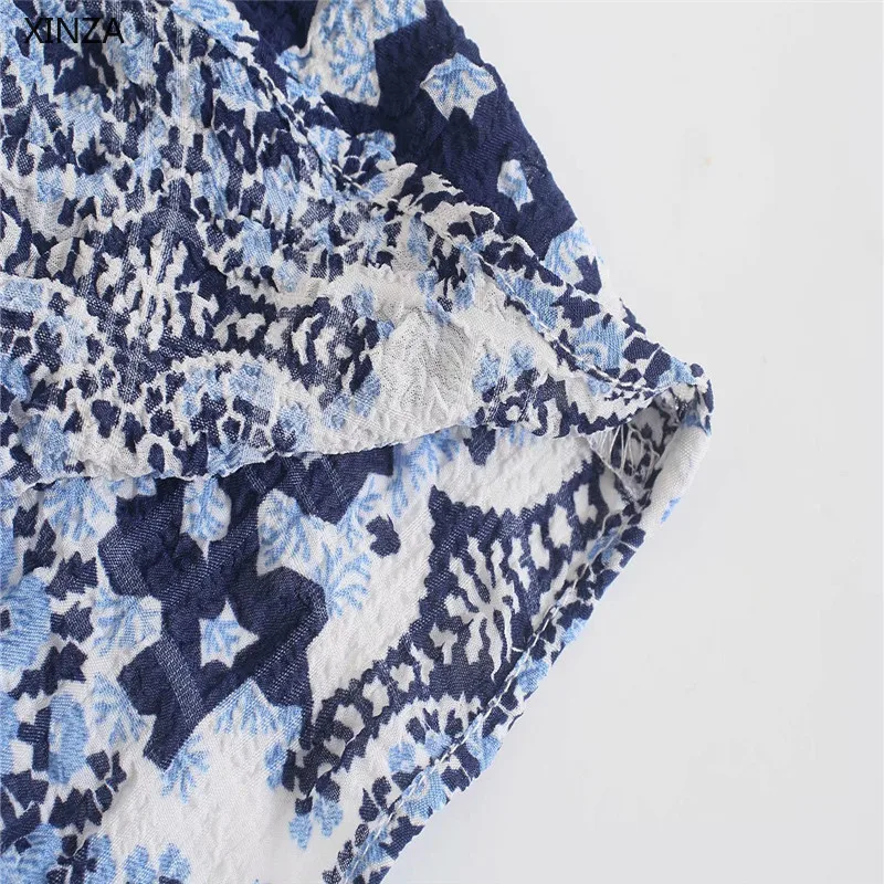

2021 ZA Women Print Blue Summer Shirt Long Sleeve V Neck Casual Traf Shirts Woman Fashion Buttoned Fitted Top Vintage Blouses