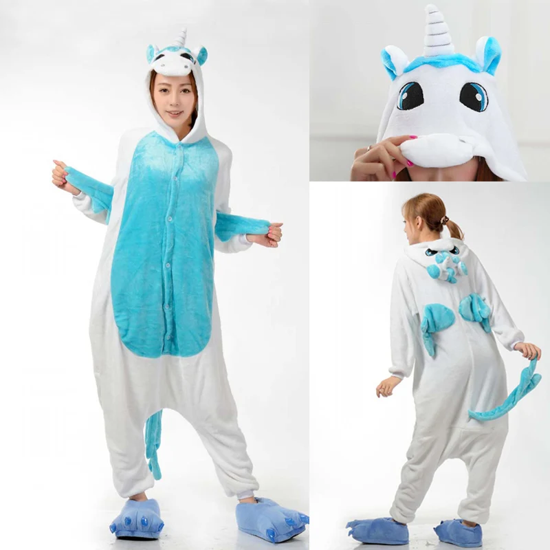 Blue unicorn Фланелевые пижамы унисекс для взрослых с рисунками животных, Ститч, панда, единорог,, зимние теплые комплекты для сна для женщин и мужчин - Цвет: Blue unicorn