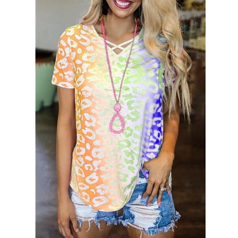 

Summer New Women's Rainbow Tapered V-neck Short Sleeve T-shirt