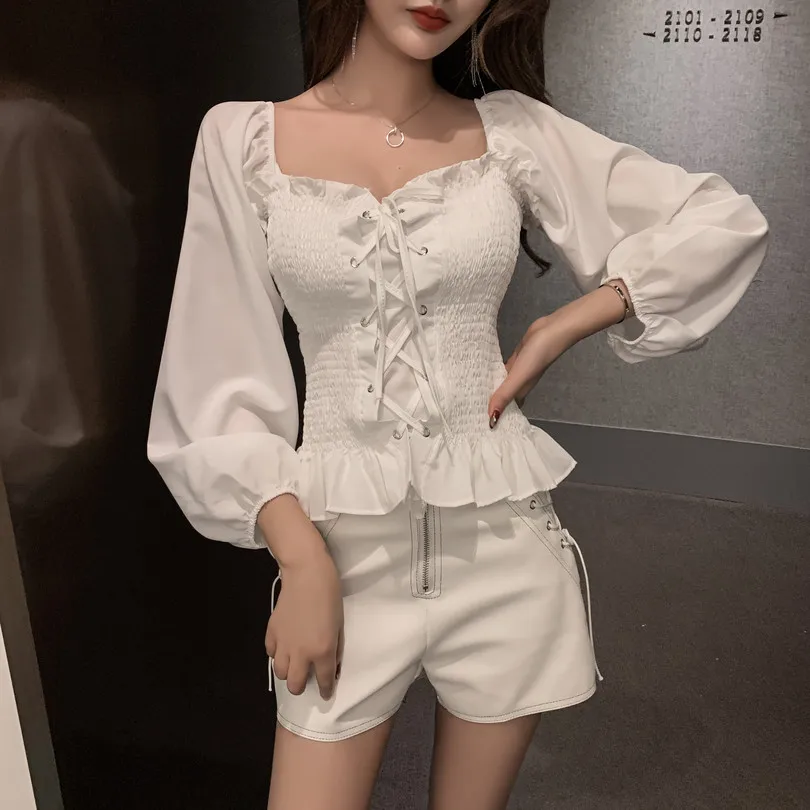 

Женская блузка на завязках, повседневная короткая блузка с квадратным вырезом и рукавами-фонариками, модель H257 в Корейском стиле на весну и ...